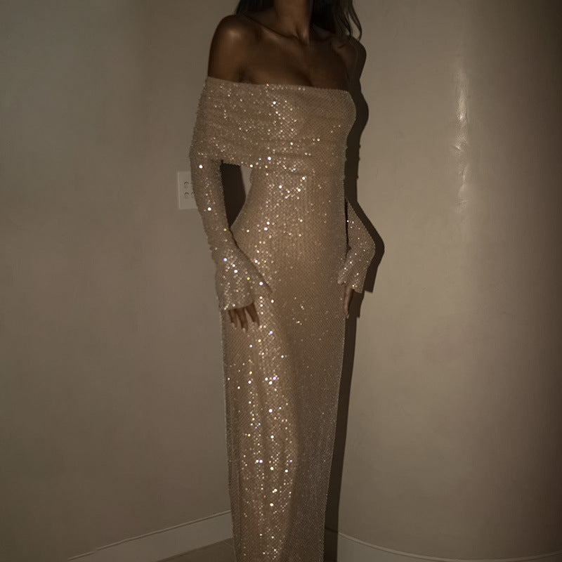 Noëlle | Maxi Kjole Off-Shoulder med Paljetter & Elegant Snitt